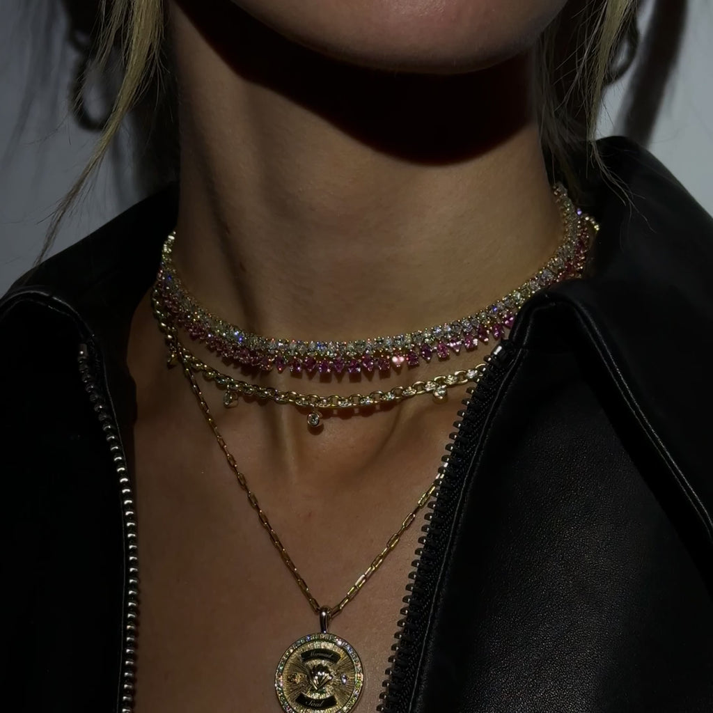 Reverse Water Drop Pink Sapphire Tennis Necklace by Logan Hollowell Jewelry