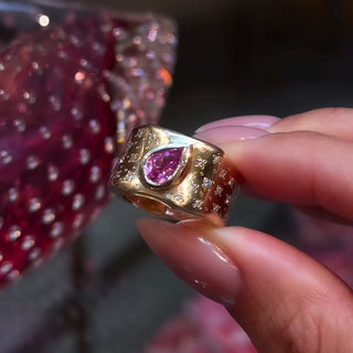 Water Drop Pink Sapphire Cigar Band with Oracle Set Diamonds by Logan Hollowell Jewelry