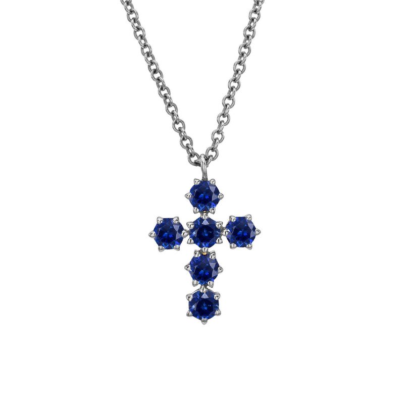 Sapphire Solar Flare Cross Necklace White Gold by Logan Hollowell Jewelry