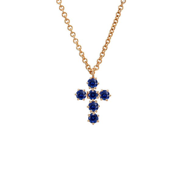 Petite Blue Sapphire Solar Flare Cross Necklace Rose Gold by Logan Hollowell Jewelry