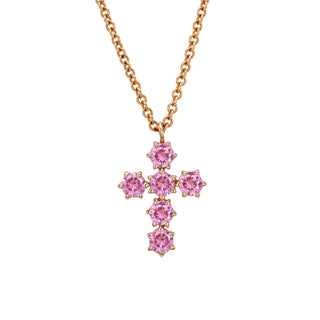 Pink Sapphire Solar Flare Cross Necklace Rose Gold by Logan Hollowell Jewelry