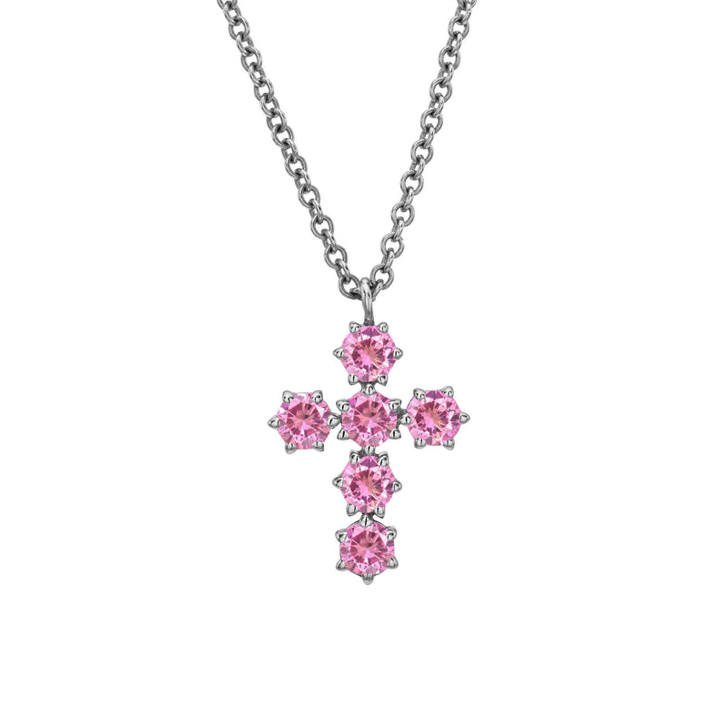 Pink Sapphire Solar Flare Cross Necklace White Gold by Logan Hollowell Jewelry