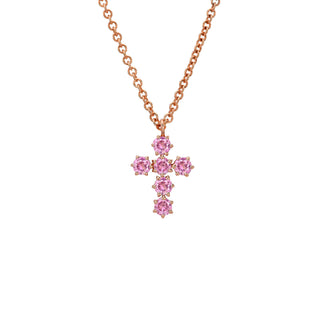 Petite Pink Sapphire Solar Flare Cross Necklace Rose Gold by Logan Hollowell Jewelry