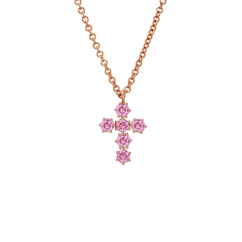 Petite Pink Sapphire Solar Flare Cross Necklace Rose Gold by Logan Hollowell Jewelry