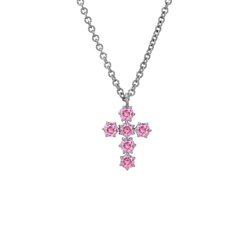 Petite Pink Sapphire Solar Flare Cross Necklace White Gold by Logan Hollowell Jewelry