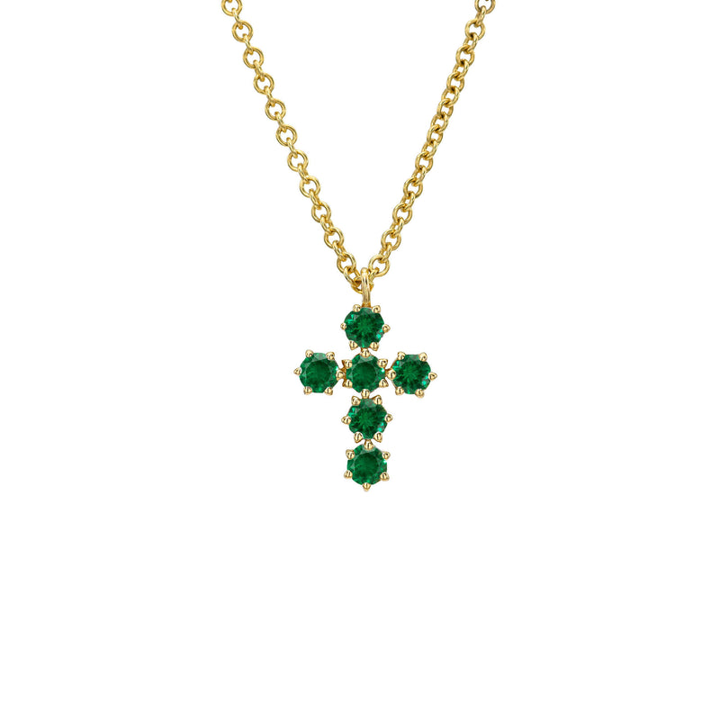 Petite Emerald Solar Flare Cross Yellow Gold by Logan Hollowell Jewelry