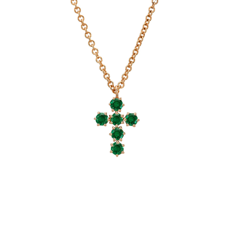 Petite Emerald Solar Flare Cross Rose Gold by Logan Hollowell Jewelry