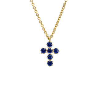 Petite Blue Sapphire Solar Flare Cross Necklace Yellow Gold by Logan Hollowell Jewelry