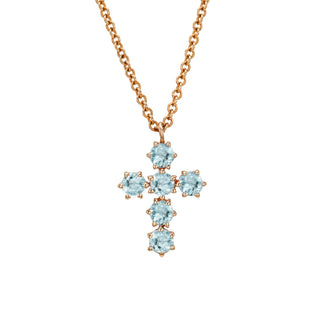 Aquamarine Solar Flare Cross Necklace Rose Gold by Logan Hollowell Jewelry