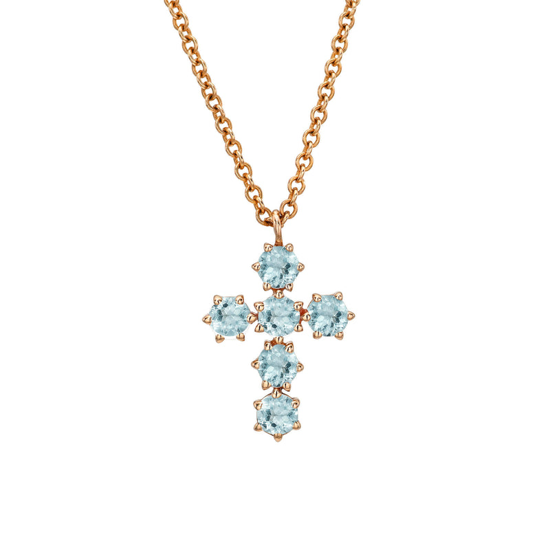 Aquamarine Solar Flare Cross Necklace Rose Gold by Logan Hollowell Jewelry