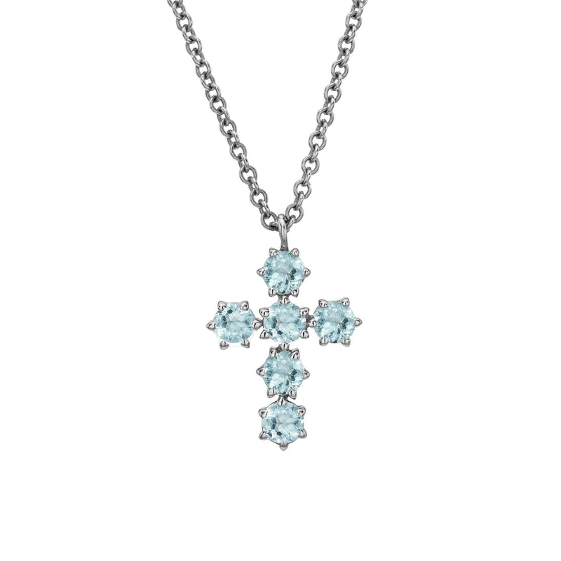 Aquamarine Solar Flare Cross Necklace White Gold by Logan Hollowell Jewelry