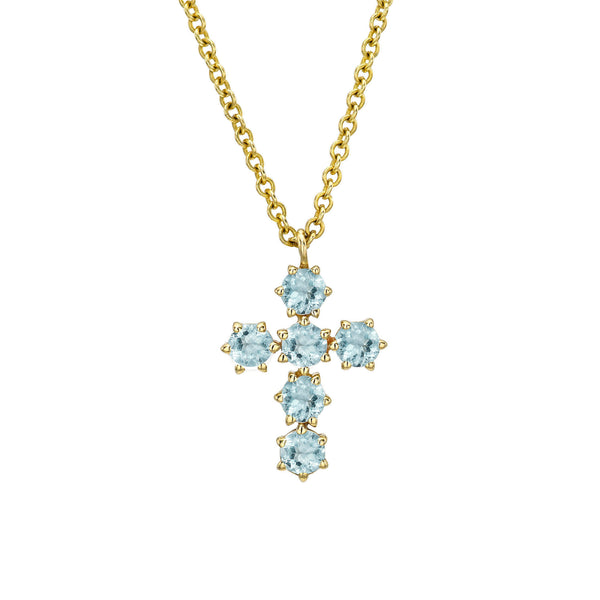 Aquamarine Solar Flare Cross Necklace Yellow Gold by Logan Hollowell Jewelry