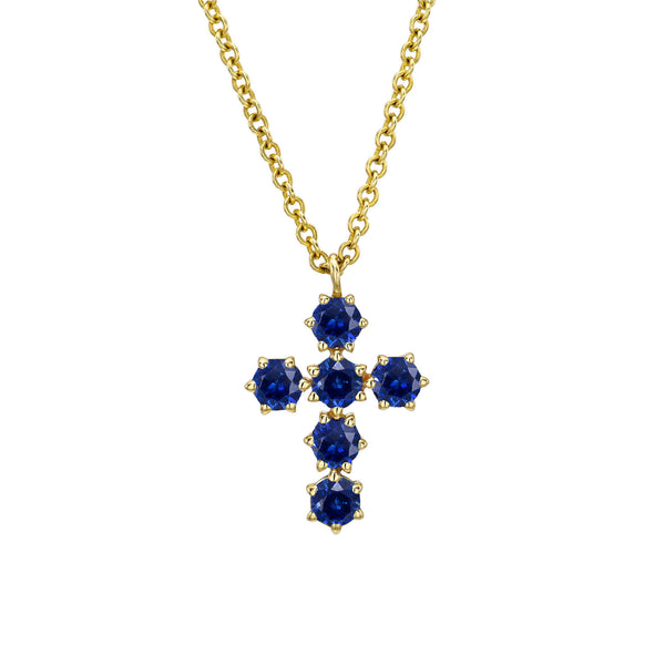 Blue Sapphire Solar Flare Cross Necklace Yellow Gold by Logan Hollowell Jewelry