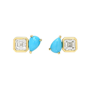 Lover’s Duet Diamond & Turquoise Studs Yellow Gold Pair by Logan Hollowell Jewelry