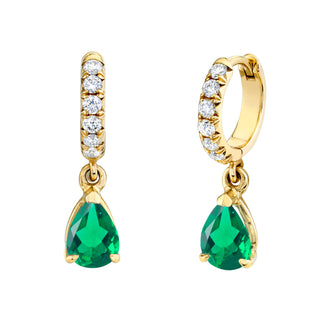 Emerald Water Drop French Pavé Goddess Hoops Yellow Gold Pair  by Logan Hollowell Jewelry