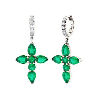 Pave Diamond & Emerald Drop Faith Hoops White Gold Pair  by Logan Hollowell Jewelry