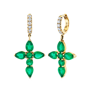 Pave Diamond & Emerald Drop Faith Hoops Yellow Gold Pair  by Logan Hollowell Jewelry