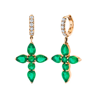 Pave Diamond & Emerald Drop Faith Hoops Rose Gold Pair  by Logan Hollowell Jewelry