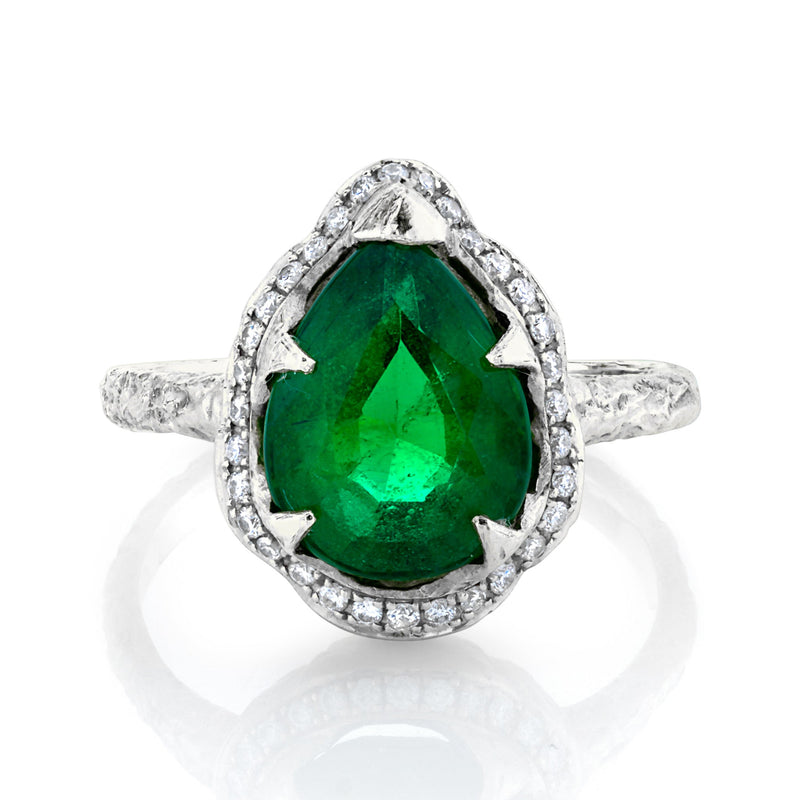 Premium Baby Water Drop Zambian Emerald Queen Ring with Full Pavé Diamond Halo White Gold 3 by Logan Hollowell Jewelry
