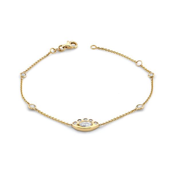 5 Diamond Orbit Bezel Bracelet with Angel Eye Diamond Center Yellow Gold   by Logan Hollowell Jewelry