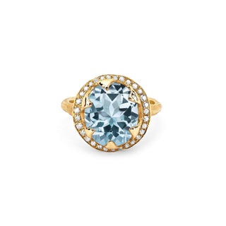 Baby Queen Oval Aquamarine Ring with Full Pavé Diamond Halo 4 Yellow Gold  by Logan Hollowell Jewelry