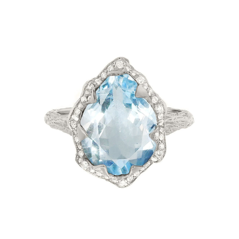 Queen Water Drop Aquamarine Ring with Full Pavé Diamond Halo White Gold 3 by Logan Hollowell Jewelry