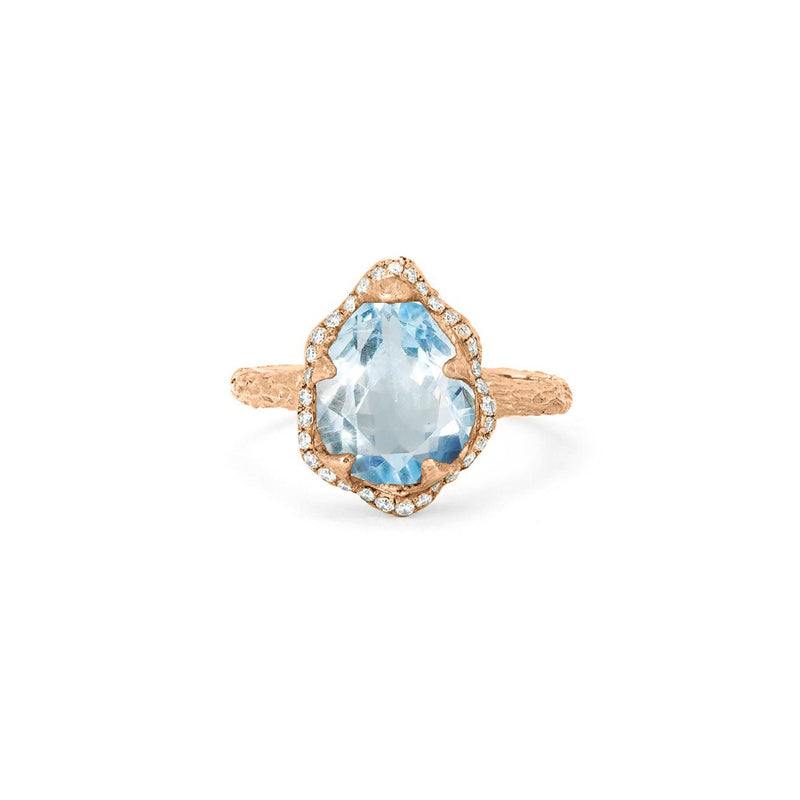 Baby Queen Water Drop Aquamarine Ring with Full Pavé Diamond Halo Rose Gold 3 by Logan Hollowell Jewelry