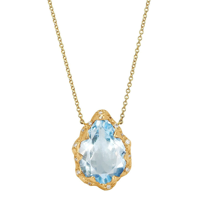 Queen Water Drop Aquamarine Necklace with Sprinkled Diamonds | Ready to Ship Yellow Gold by Logan Hollowell Jewelry