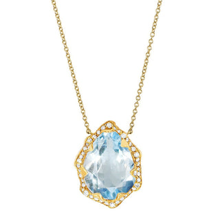 Queen Water Drop Aquamarine Necklace with Full Pavé Diamond Halo Necklace Yellow Gold  by Logan Hollowell Jewelry