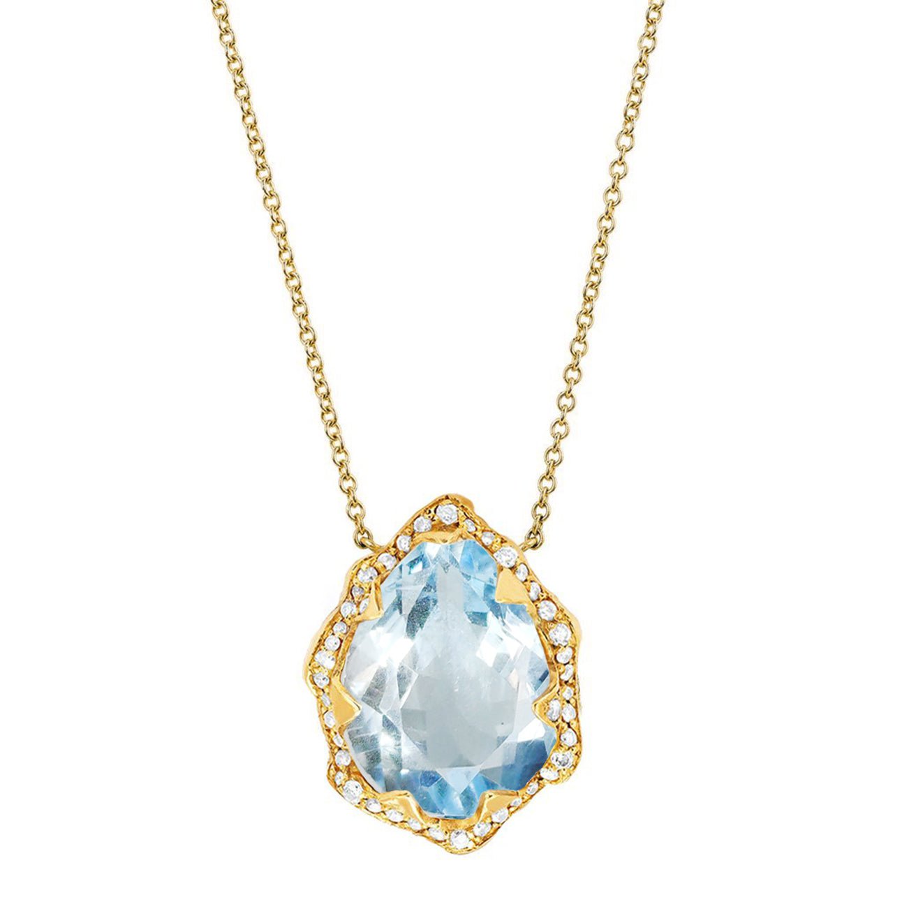 Queen Water Drop Aquamarine Necklace with Full Pavé Diamond Halo | Ready to Ship Yellow Gold by Logan Hollowell Jewelry