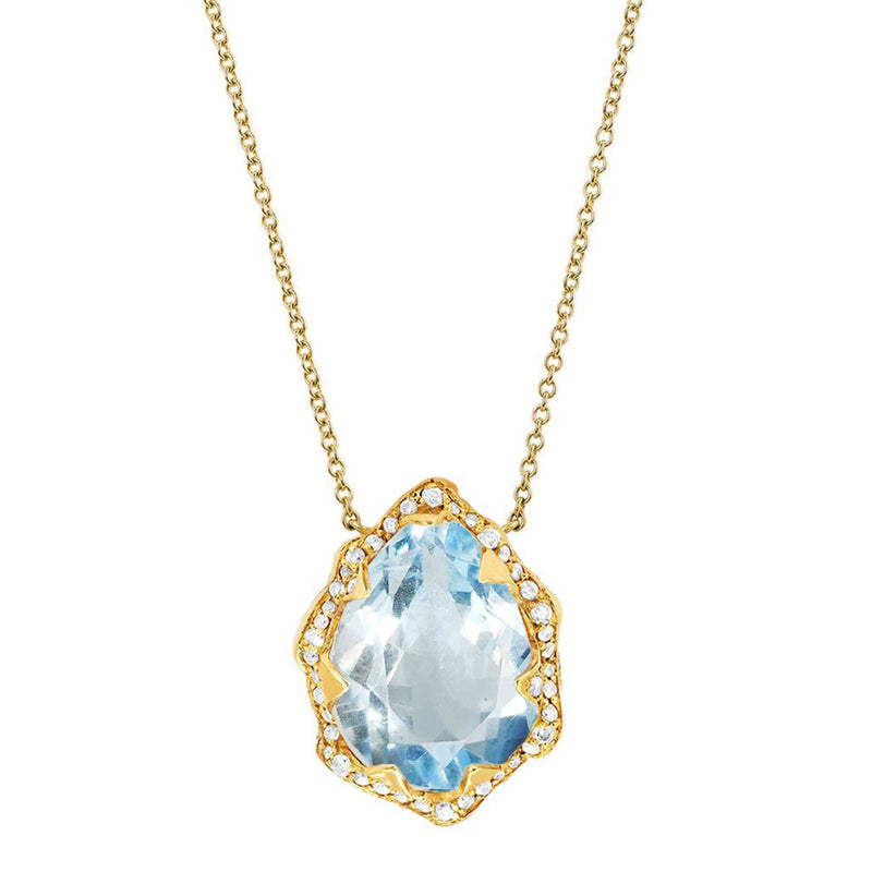 Queen Water Drop Aquamarine Necklace with Full Pavé Diamond Halo | Ready to Ship Yellow Gold by Logan Hollowell Jewelry