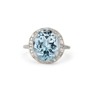 Queen Oval Aquamarine Ring with Sprinkled Diamonds 4 White Gold  by Logan Hollowell Jewelry