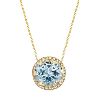 Queen Oval Aquamarine Necklace with Full Pavé Diamond Halo Yellow Gold   by Logan Hollowell Jewelry