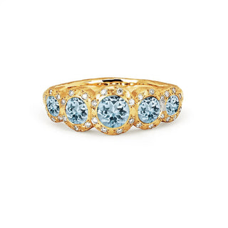 Queen 5 Aquamarine Band with Sprinkled Diamonds 4 Yellow Gold  by Logan Hollowell Jewelry