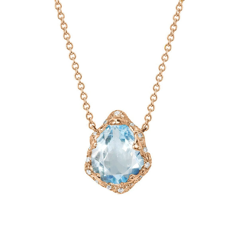 Baby Queen Water Drop Aquamarine Necklace with Sprinkled Diamonds Rose Gold   by Logan Hollowell Jewelry