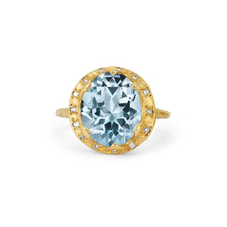 Queen Oval Aquamarine Ring with Sprinkled Diamonds 4 Yellow Gold  by Logan Hollowell Jewelry
