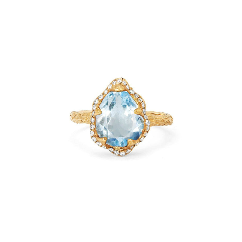 Baby Queen Water Drop Aquamarine Ring with Full Pavé Diamond Halo | Ready to Ship Yellow Gold 7.5 by Logan Hollowell Jewelry