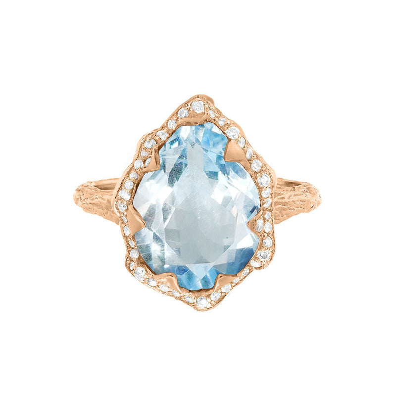 Queen Water Drop Aquamarine Ring with Full Pavé Diamond Halo Rose Gold 3 by Logan Hollowell Jewelry