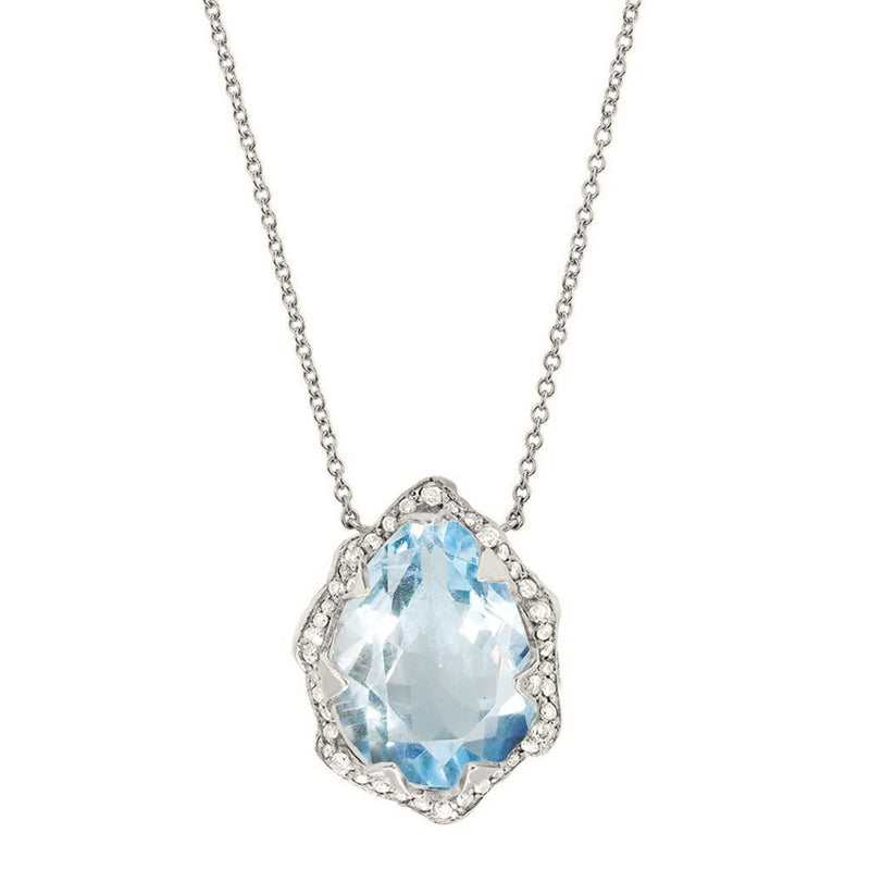 Queen Water Drop Aquamarine Necklace with Full Pavé Diamond Halo | Ready to Ship by Logan Hollowell Jewelry