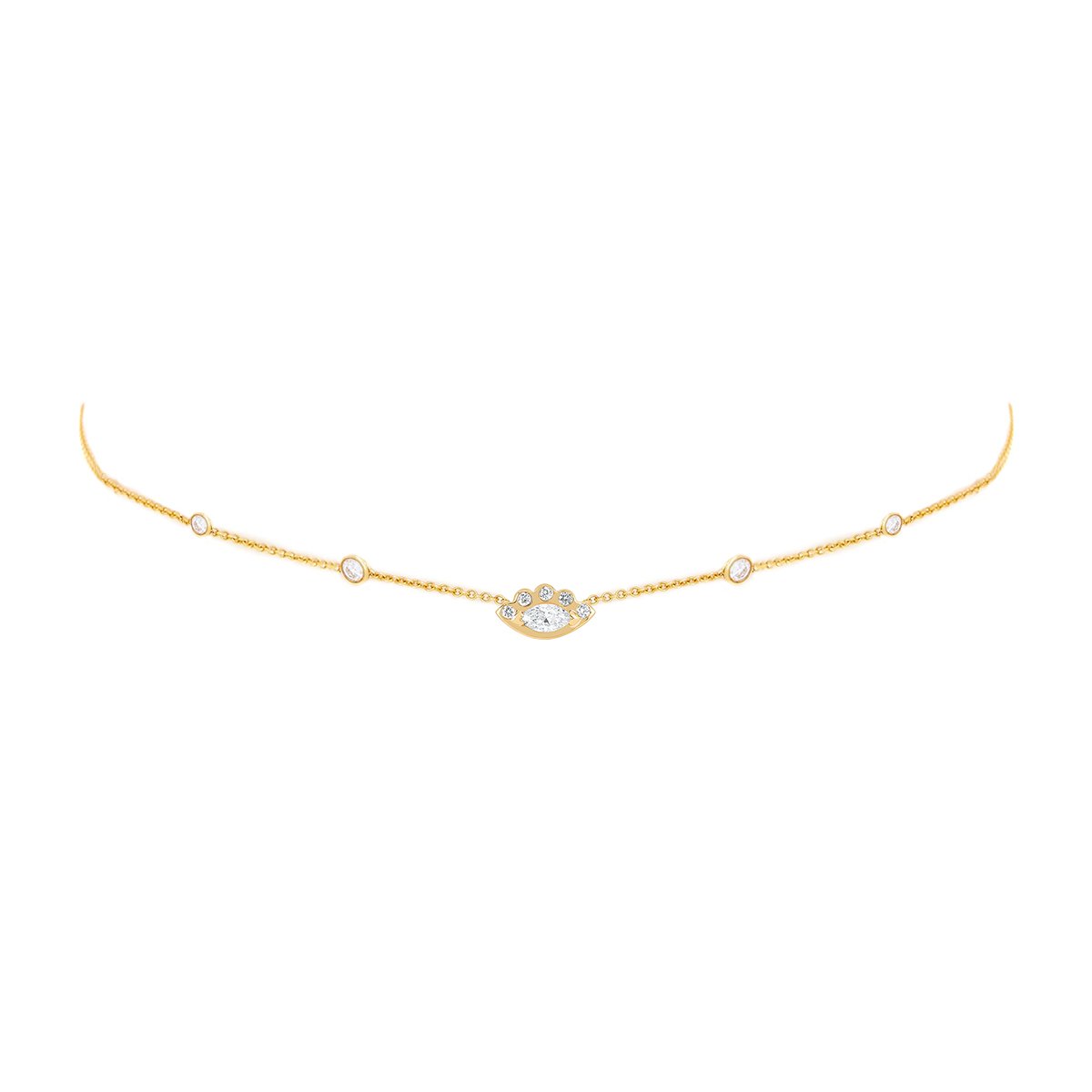 5 Diamond Orbit Bezel Choker with Angel Eye Diamond Center Yellow Gold 14-15-16"  by Logan Hollowell Jewelry