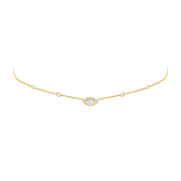 5 Diamond Orbit Bezel Choker with Angel Eye Diamond Center Yellow Gold 14-15-16"  by Logan Hollowell Jewelry