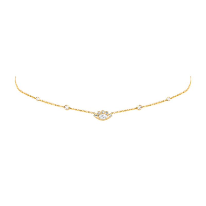 5 Diamond Orbit Bezel Choker with Angel Eye Diamond Center Yellow Gold 14-15-16"  by Logan Hollowell Jewelry