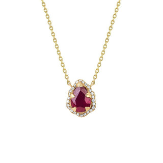 Micro Queen Water Drop Ruby Necklace with Pavé Diamond Halo Yellow Gold 16"  by Logan Hollowell Jewelry
