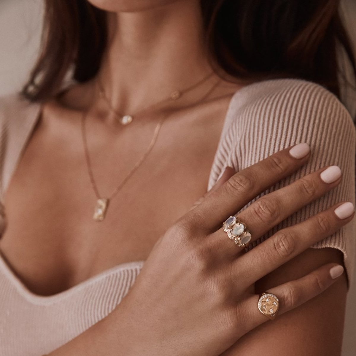 Queen Triple Goddess Moonstone Ring with Sprinkled Diamonds by Logan Hollowell Jewelry