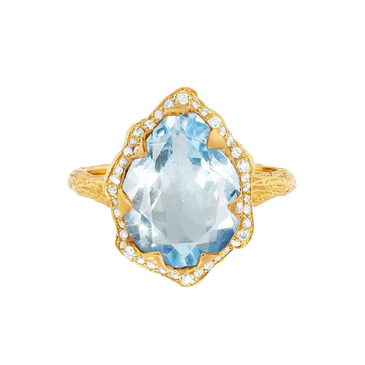 Queen Water Drop Aquamarine Ring with Full Pavé Diamond Halo Yellow Gold 3 by Logan Hollowell Jewelry