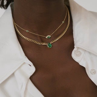 Queen Cuban Choker with Water Drop Colombian Emerald Center Rose Gold 14"  by Logan Hollowell Jewelry