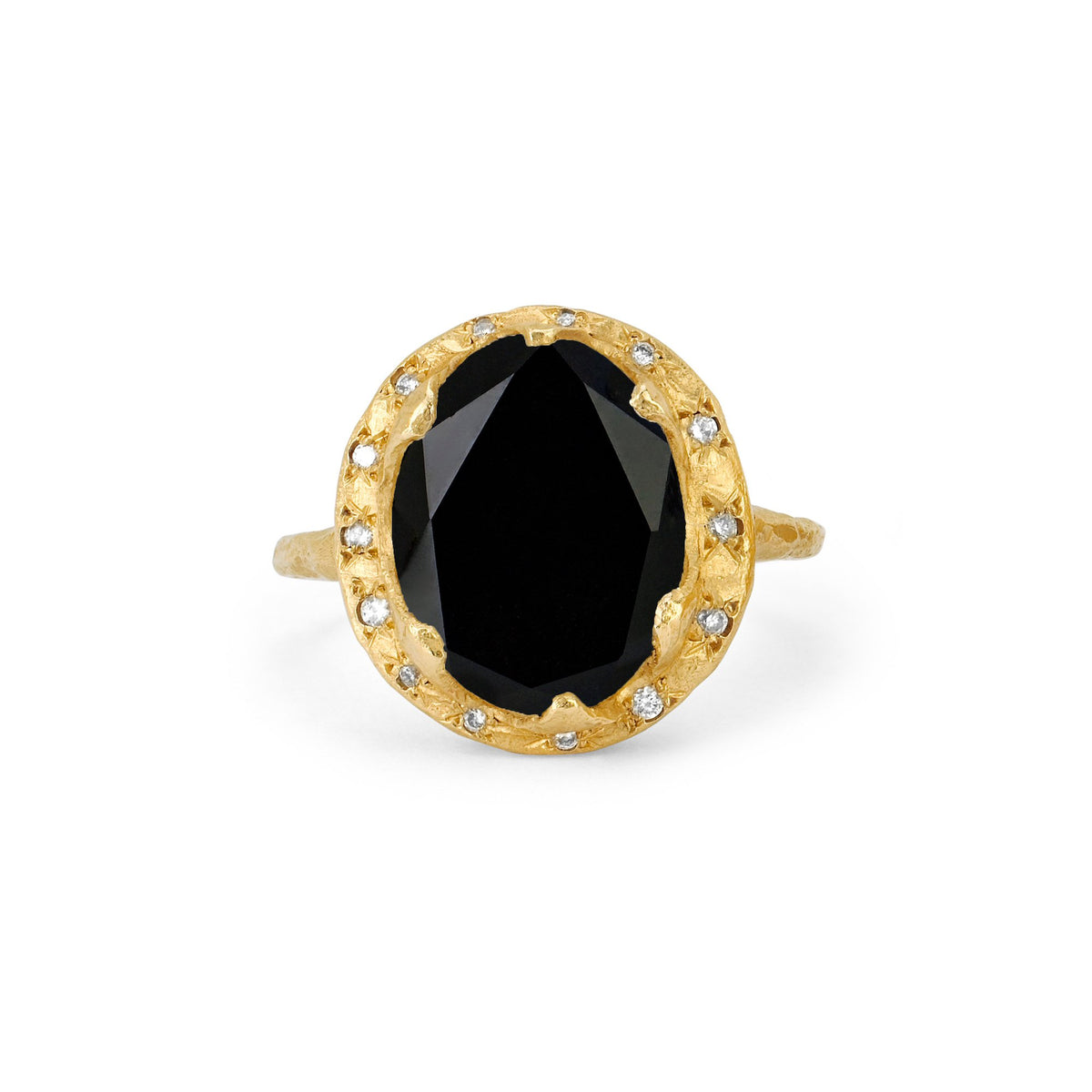 Queen Oval Onyx Ring with Sprinkled Diamonds Yellow Gold 3  by Logan Hollowell Jewelry