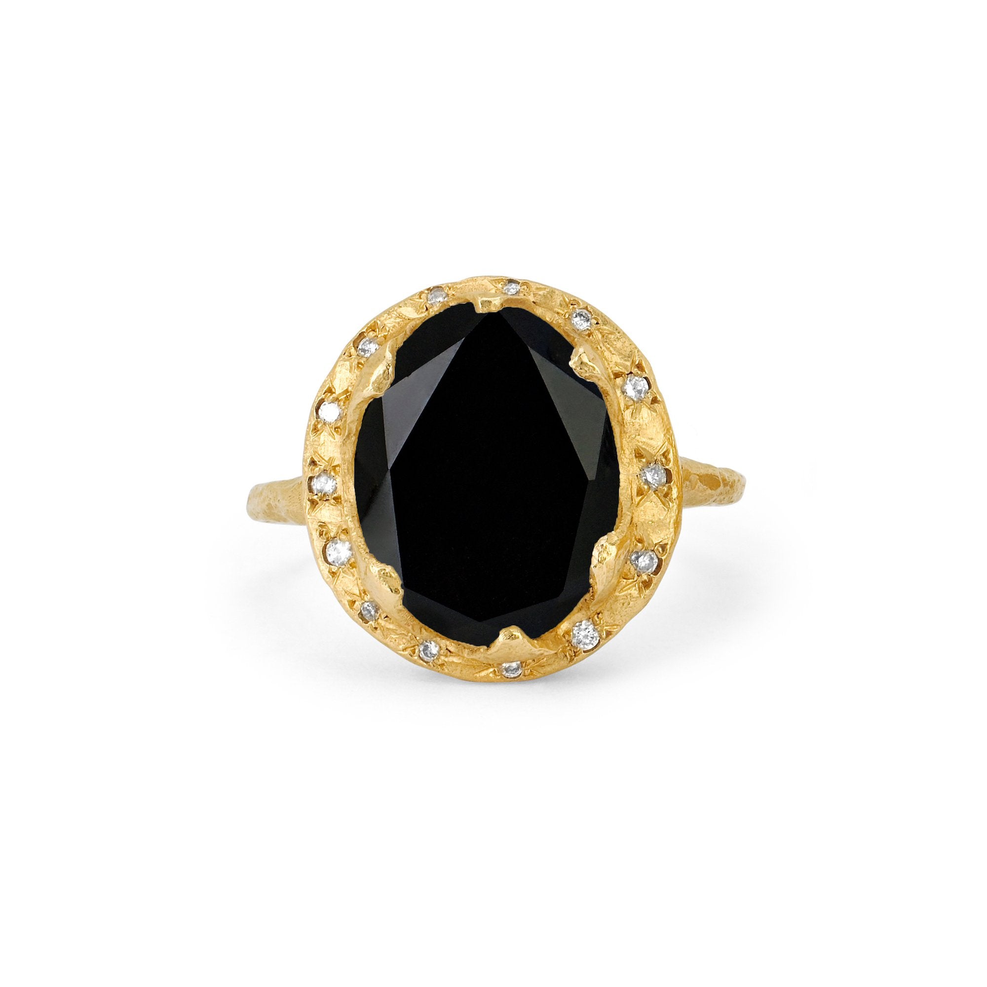 Queen Oval Onyx Ring with Sprinkled Diamonds Yellow Gold 3  by Logan Hollowell Jewelry