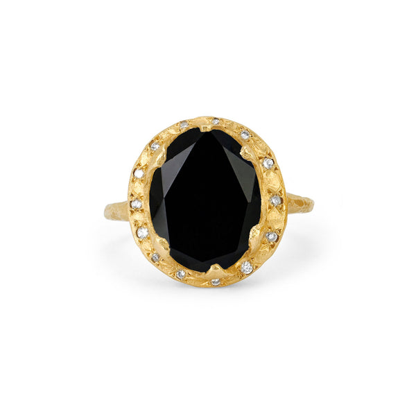 Queen Oval Onyx Ring with Sprinkled Diamonds Yellow Gold 3  by Logan Hollowell Jewelry