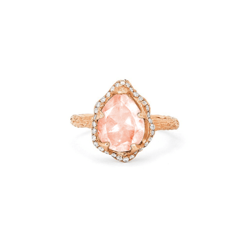 Baby Queen Water Drop Morganite Ring with Full Pavé Halo Rose Gold 3  by Logan Hollowell Jewelry